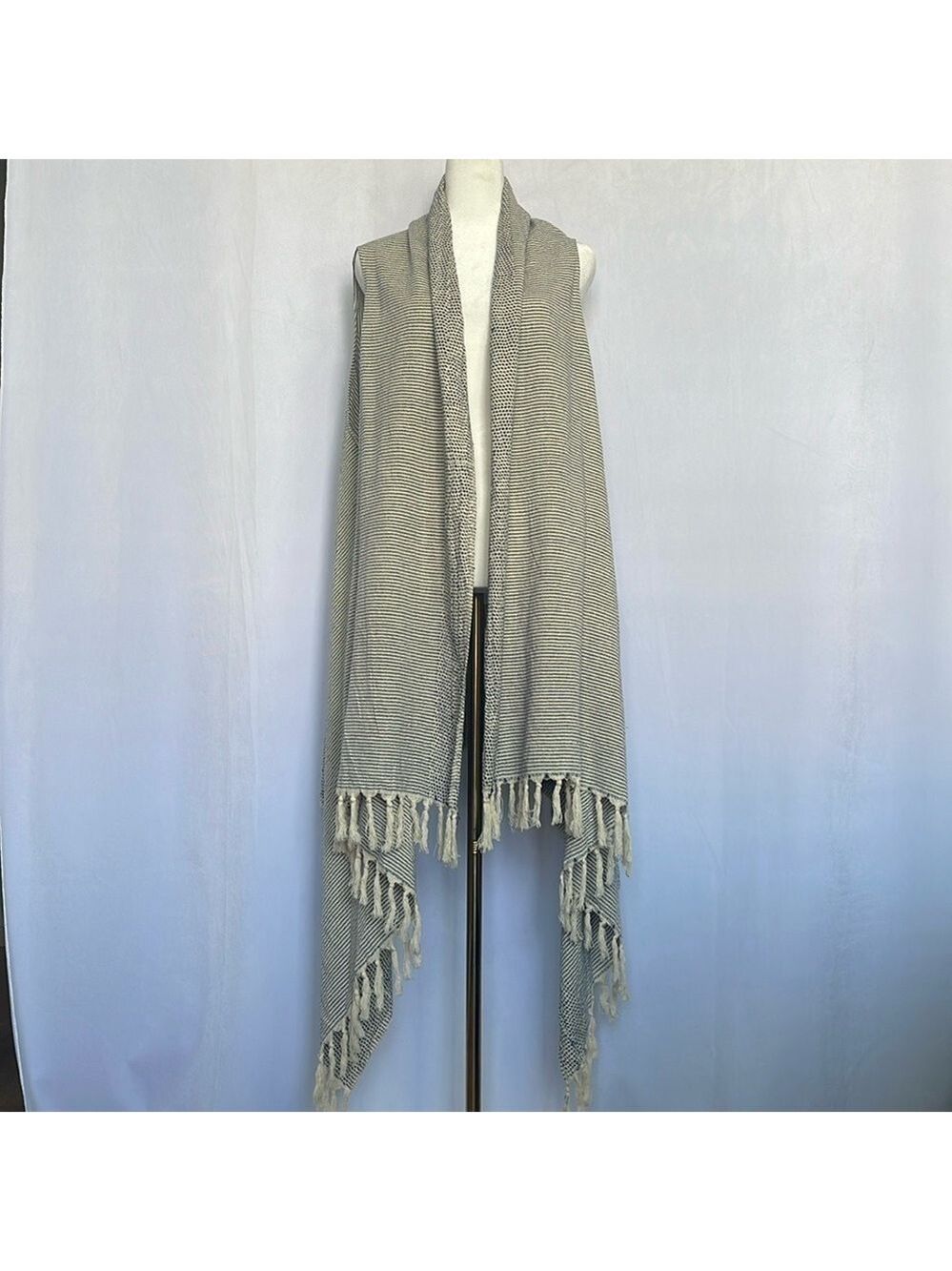 World Market Open Front Waterfall Cardigan One Size Fringe Blue Cream Boho Long